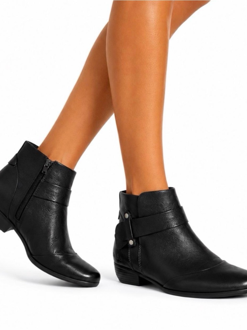 Classic Black Leather Ankle Boots - Women's Zip Strap Booties